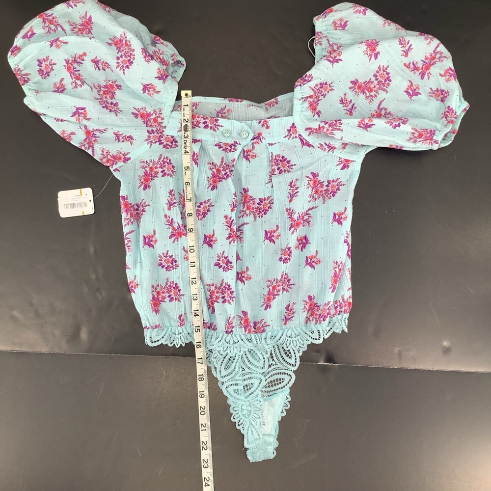 Free People Blue Pink Angela Floral Print Lace Bodysuit Off Shoulder Small - Picture 9 of 15